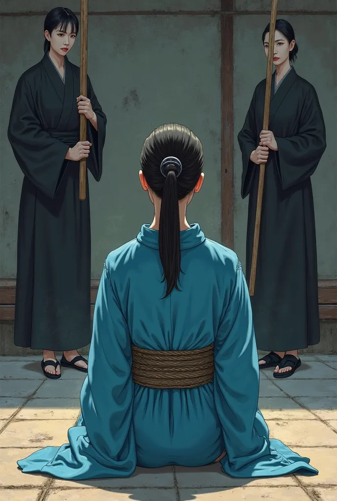 （realistic）A woman in a bright blue kimono、A female prisoner in a blue kimono is sitting on the floor of the execution chamber（outside）in。A female prisoner in a blue kimono is sitting、The female prisoner's hair is tied in a ponytail, 黒い着物を着た2人が長い木の棒in女囚の後ろ...