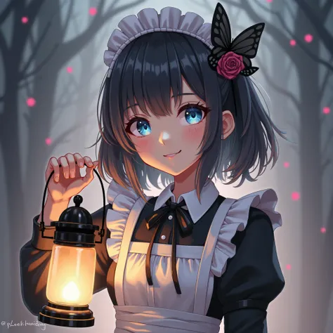 1 girl,is smiling,anatomically correct, Lantern, blue eyes,Maid clothes with a predominantly black color,I'm wearing 1 black butterfly and rose hair ornament,