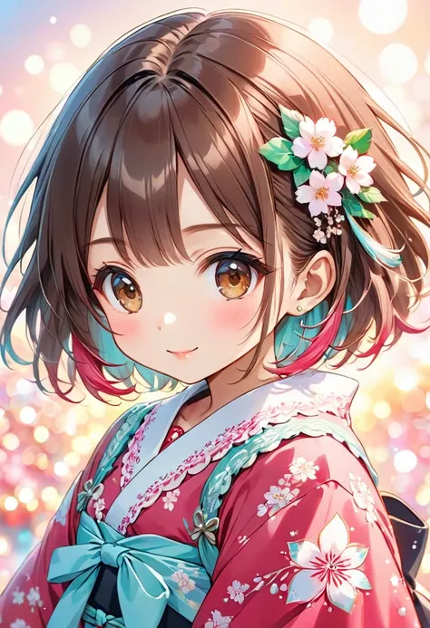 A highly detailed Dreamy fantasy anime-style illustration of Chibi-Style, vivid Copic marker anime illustration, maintains a 3:1 head-to-body ratio, (cheerful  cute immature girl:1.3)), (short bob haircut with soft layers:1.3), (warm chestnut brown hair wi...