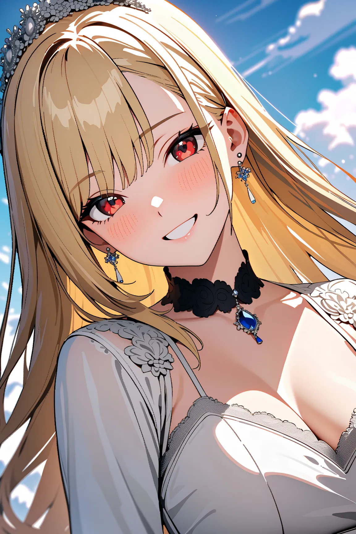 One Cloud Floating in the Sky, bride, blush,  Smile,  kitagawa marin ,  1girl , blonde hair, long hair, multicolored hair, red eyes, jewelry, earrings, piercing, black choker, masterpiece:1.5, highest quality, UHD, retina, masterpiece, accurate anatomy, su...