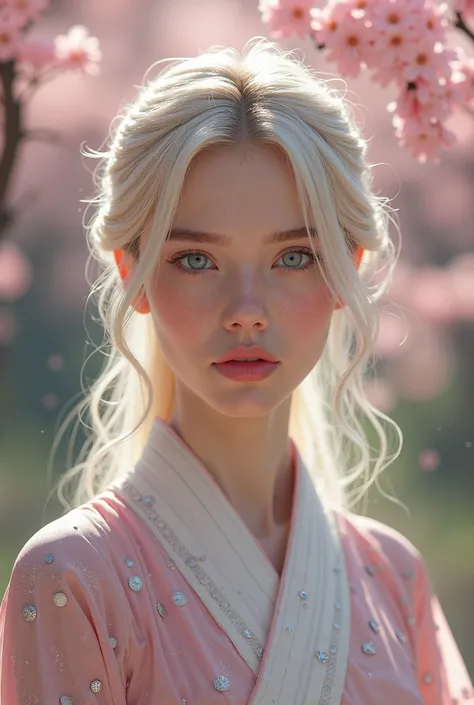 fantasy, portrait, Asia, European appearance, beautiful girl, delicate face, long pale blonde hair, blue eyes, in a beautiful hanfu, emphasizing the figure in light colors, expressive breasts, cherry blossoms in the background, hd