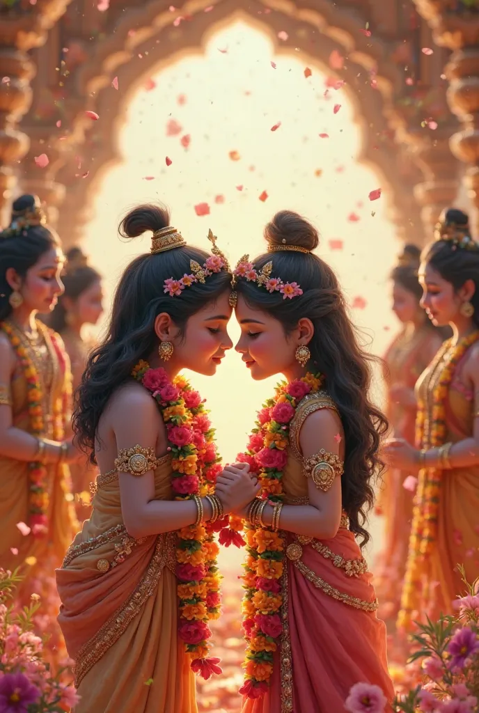 A cute baby Lord Shiva and Goddess Parvati are getting married in the wedding pavilion. They are putting garlands of flowers around each other’s neck. Some other gods are also sitting there