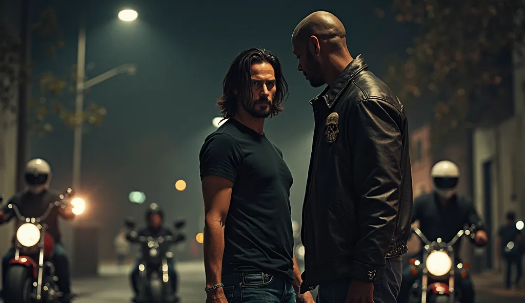 "On a dimly lit street at midnight, Keanu Reeves, dressed in a simple black t-shirt and jeans, finds himself surrounded by a ruthless biker gang. Their leather jackets are adorned with skull emblems, and their roaring motorcycles cast long shadows against ...