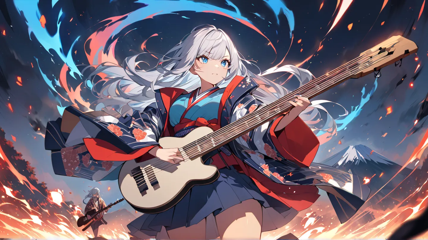 Yuki stands boldly before Mount Fuji, radiating powerful energy. Her silver hair flows wildly, and her icy-blue eyes glow intensely. She wears a white and blue kimono paired with a sukajan jacket, gripping a shamisen as she strums with fierce intensity. Ne...