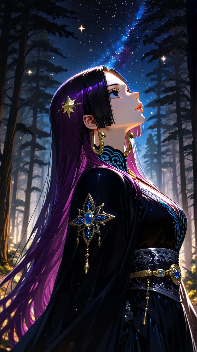 1 girl Boa hancock,blue eyes, star, star in hair, solo, hair decoration, black hair, purple hair ends, straight long hair, upper body, very pale, plump lips, background forest, elf ears, forest fairy tale, gothic, night time, starry night, delicate black e...