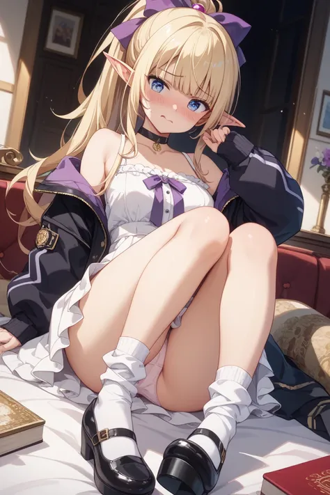 Elf、 Gold、Blue Eyes、ponytail、Oversized ribbon 、Embarrassed、panties、black choker、 white dress 、ruffle dress、 ruffle skirt that will break your thighs、sleeveless、 purple ribbon、 black jacket、open jacket、off shoulder、bandage、 Long Sleeve、Over-the-finger sleev...