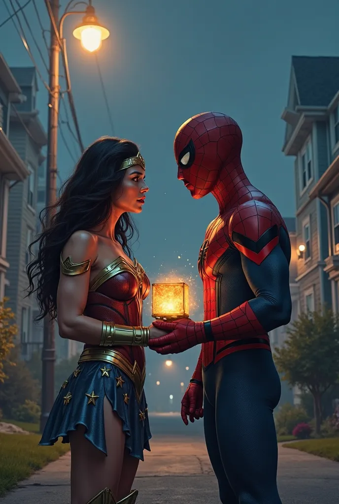 "A highly detailed digital painting of Wonder Woman and Spider-Man standing face to face at night under a streetlight in a suburban neighborhood. Wonder Woman is holding the Infinity Gauntlet, which is encased in a glowing energy cube. The scene has a cine...