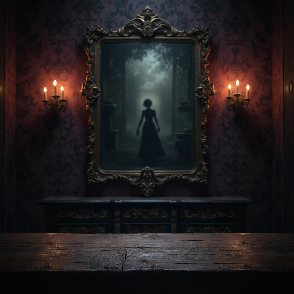 A dark, eerie, and suspenseful background for the book "Adam's Woman", capturing the essence of its dark mythological fantasy and thriller themes. The scene features a dimly lit, atmospheric setting with a wooden table in the foreground, intentionally left...