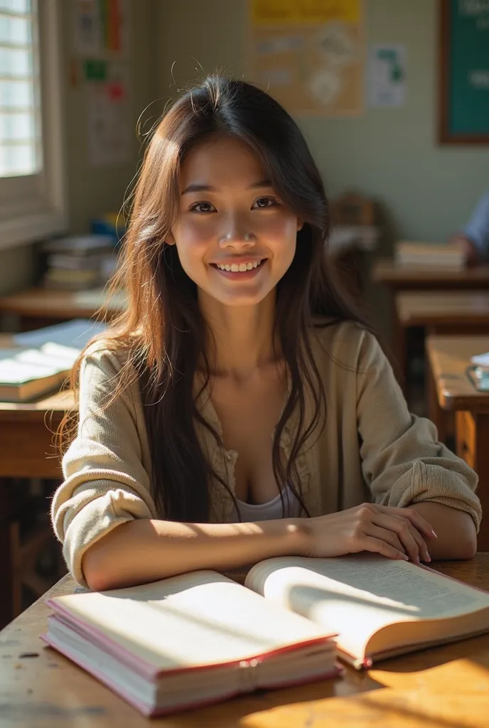 Real photos,sexy Asian young teacher, smiling beautiful, A warm-toned photograph captures a serene moment in a cluttered classroom. A young teacher, dressed in casual attire, sits at her desk, surrounded by scattered textbooks and pencils. Her gaze is focu...