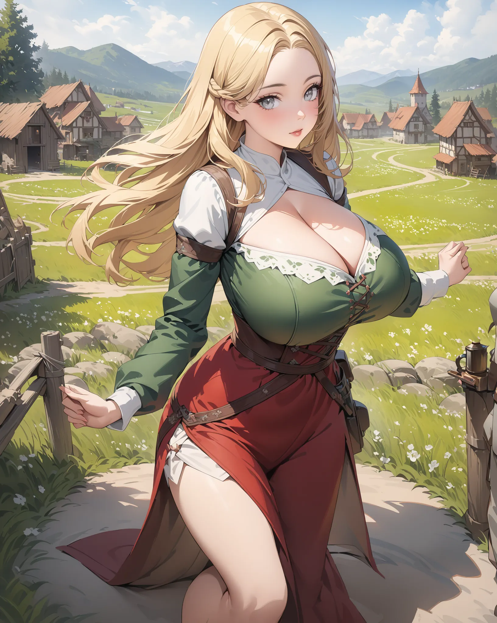 masterpiece, oil painting of Guinwen as a peasant girl, 8k, 1 girl, realistic oil painting, pretty face, Face of Guinwen, beautifully detailed eyes, very detailed, blonde hair, blonde hair,  gray eyes, visible waist, large breasts, huge breasts, Hairline, ...