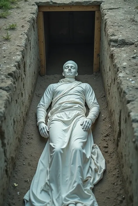 A male deadbody covered in white clothes and kept inside the grave that has some space between the two sides. The deadbody is lyes  facing his right side. And there is a door that is opened and visible the paradise. 