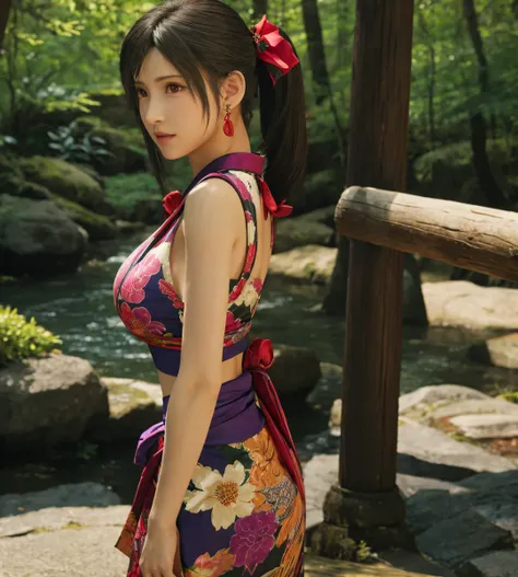 FF7 Remake Tifa Lockhart、1 girl, solo, TOP QUALITY, Ultra Fine, big breasts, beautiful pretty red eyes, earrings, forest spring background、 upper body only、look at cleavage, Smooth beautiful lips、I'll brush up my back hair、 ribbon hair accessory, Turn your...