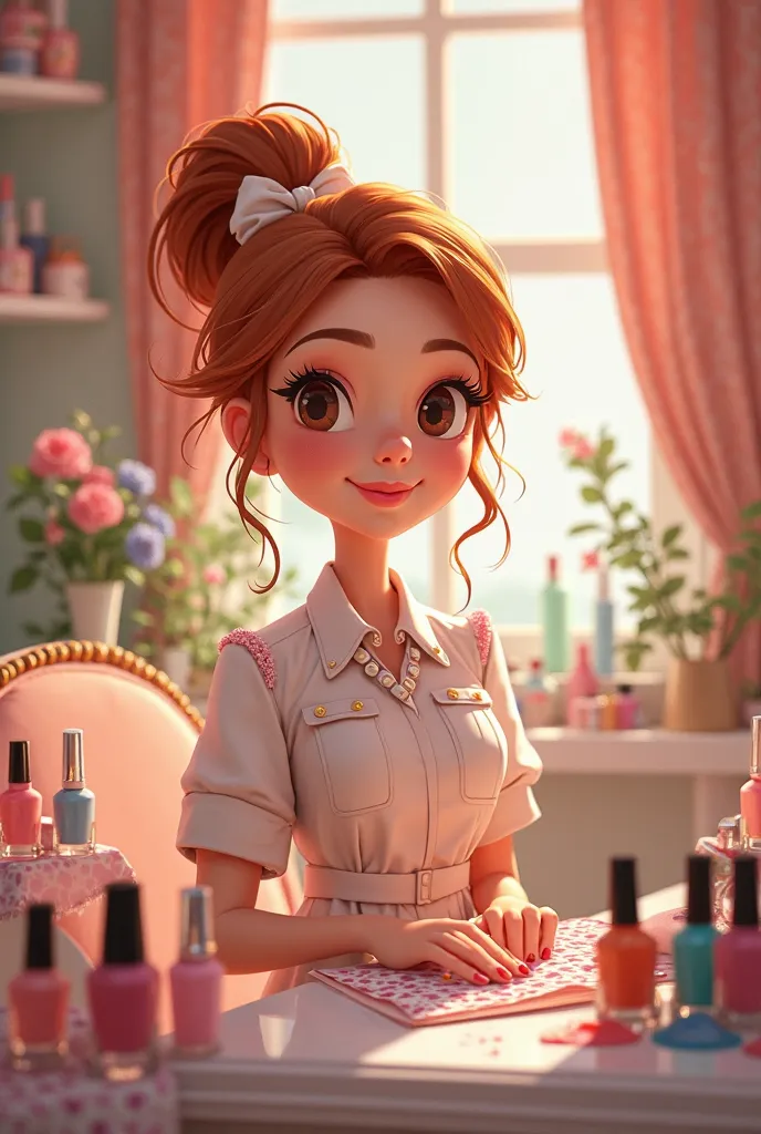 I want a Disney-style drawing of a professional female manicurist in her manicure studio, With hair with copper-colored ponytail and brown eyes.