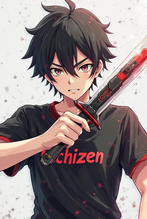 Anime  front view holding dagger wearing black gaming shirt with name Echizen