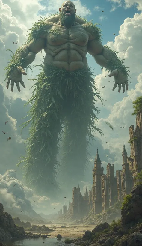 A Giant Falling from the Sky – A huge giant tumbles from the sky as the beanstalk collapses, with clouds swirling around him and the castle crumbling.