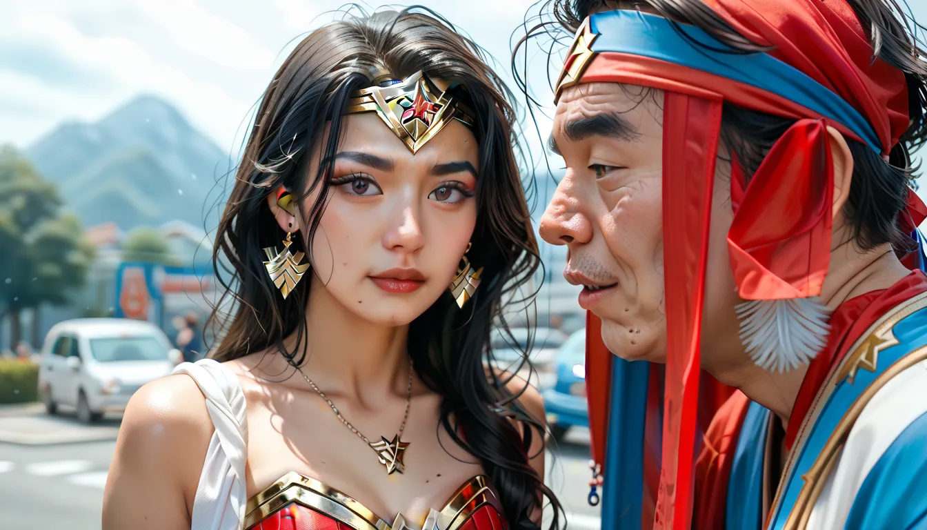 very small guy、ugly fat short guy、Wonder Woman in an accurate costume、Depict the facial expressions of an Asian middle-aged man、(((Accurate depiction of true phimosis)))