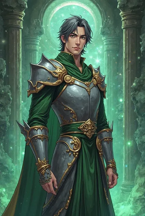 Create an image in the Korean manwha fanart anime style with an adult 50-year-old man with dark gray eyes and slightly long dark gray hair with short circular dark gray beard, very muscular, wearing armor and wearing an elegant costume of a gray and green ...