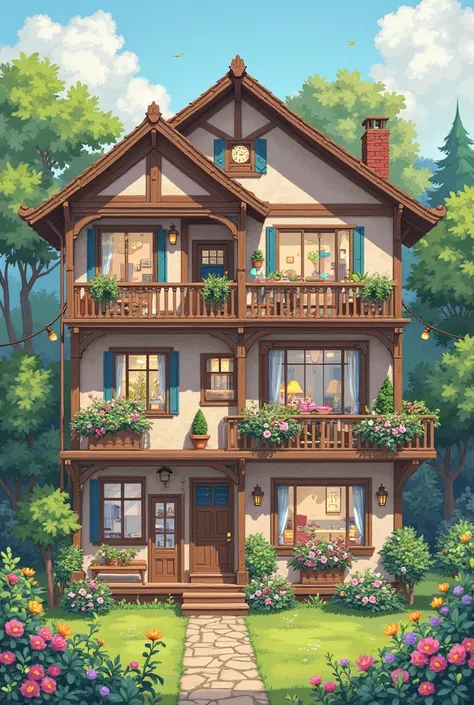 It has 3 floors.Downstairs, there is a kitchen and a living room,Upstairs, there are 5 rooms and two bathrooms. Outside, there is a garden with colourful flowers