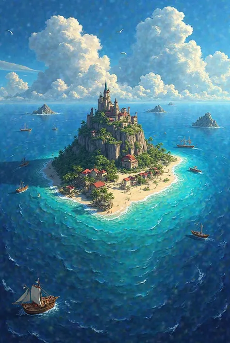 (chef-d'œuvre ,  style dessin animés disney , meilleure qualité:1.2) carte étalée sur une table representant une île , l'île est composées de 3 zones , la première zone au nord-est est un port similaire à Tortuga dans Pirates des Caraïbes , la seconde zone...