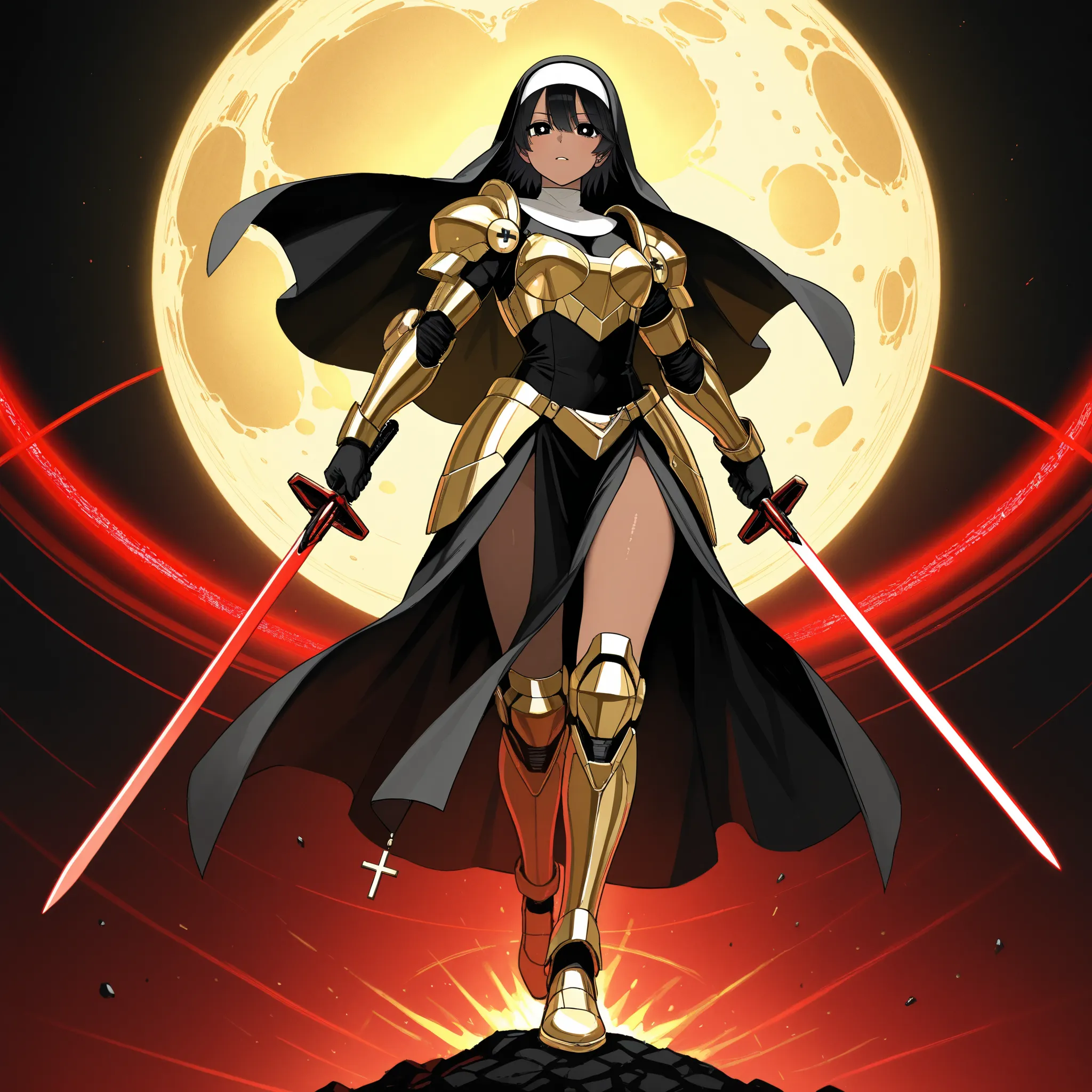 Cybernetic combat Nun with Shoulder length Black hair, tanned skin, glowing Golden Irises with black pupils and white Scalera, wielding a High tech Long Sword, Wearing a Red and Black Nun's Habit on her head, wearing a Black and Metallic Red High-Tech powe...