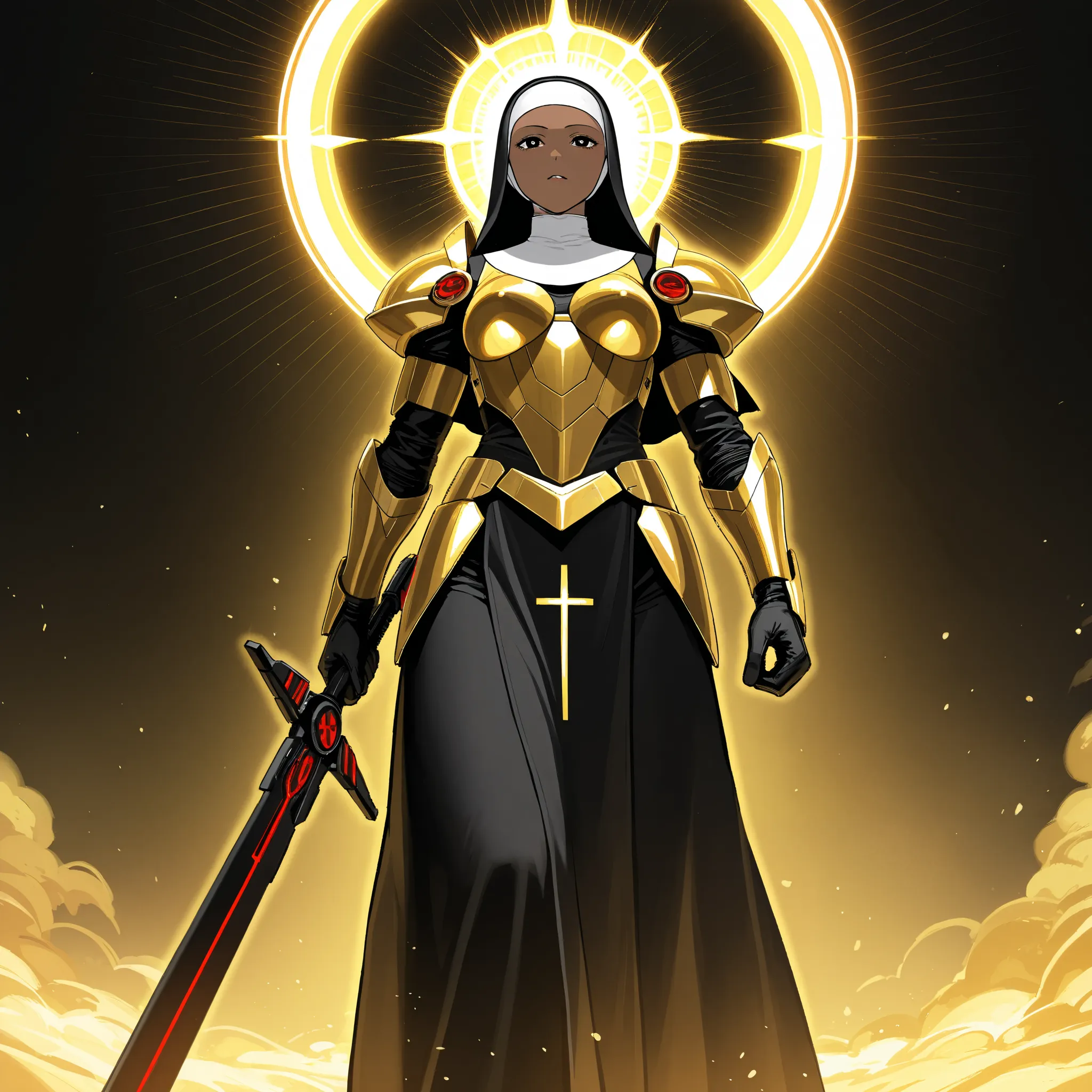 Cybernetic combat Nun with Shoulder length Black hair, tanned skin, glowing Golden Irises with black pupils and white Scalera, wielding a High tech Long Sword, Wearing a Red and Black Nun's Habit on her head, wearing a Black and Metallic Red High-Tech powe...