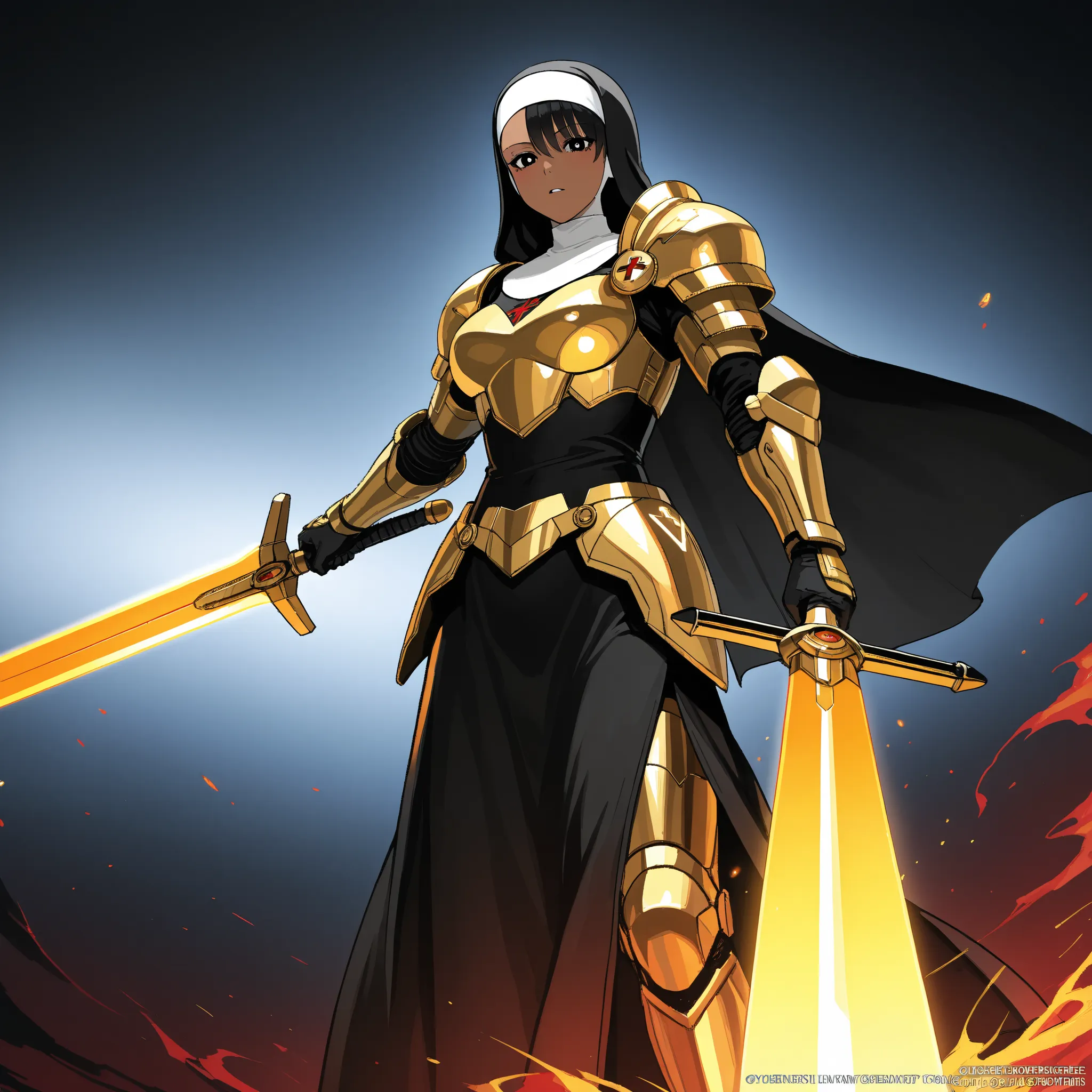 Cybernetic combat Nun with Shoulder length Black hair, tanned skin, glowing Golden Irises with black pupils and white Scalera, wielding a High tech Long Sword, Wearing a Red and Black Nun's Habit on her head, wearing a Black and Metallic Red High-Tech powe...