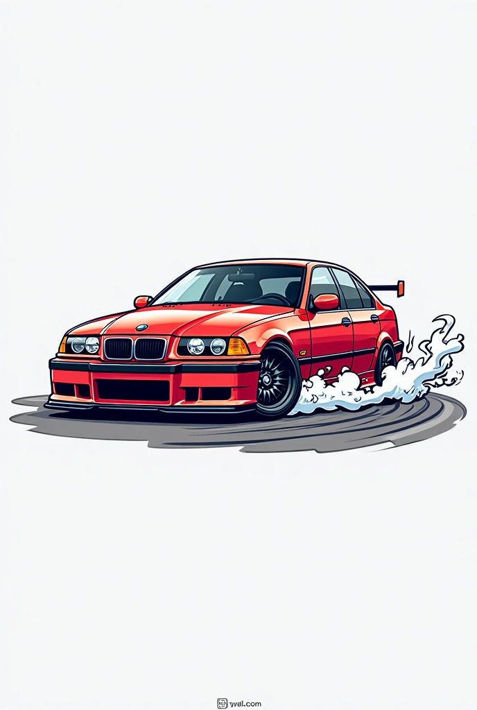 Create a logo writing smokeless garage with a cartoon image of a drifting bmw e36 4 door drifting