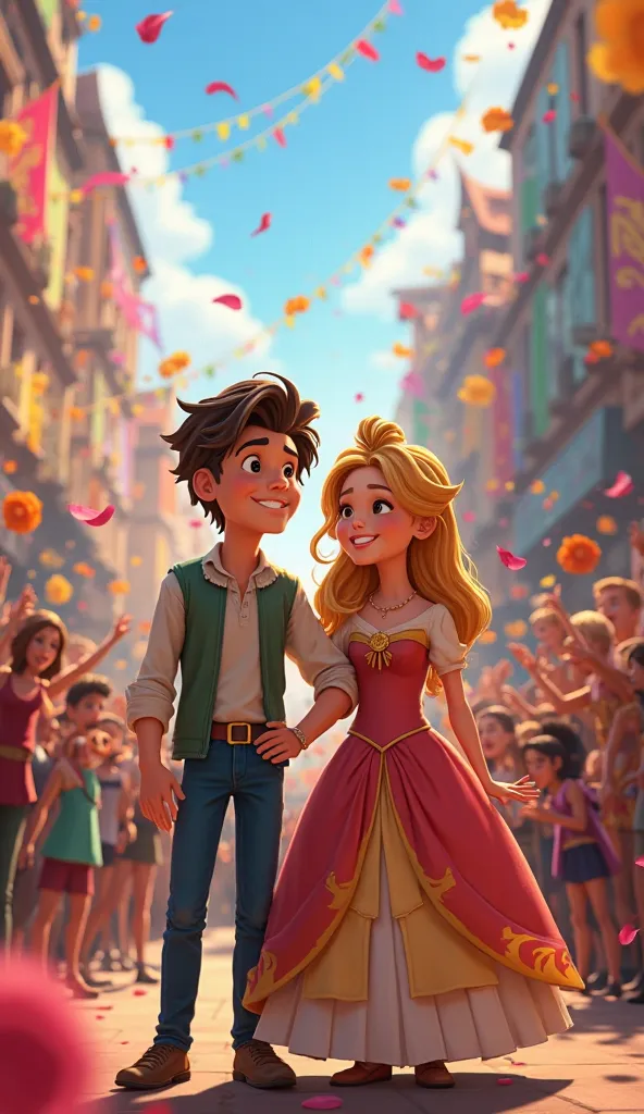 The Kingdom Celebrating Victory – The people of the kingdom cheer and throw flowers as Jack and Princess Isabelle stand together, victorious and smiling.