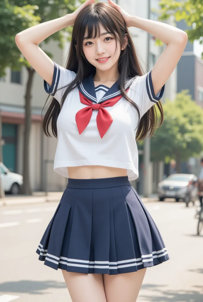  japanese cute idol, Japanese cute girl raises her hands in happy , smile, big laugh, jolly, kawaii, a beautiful young girl dressed up as a sailor girl , 1girl, solo, school uniform, serafuku, skirt, black hair, long hair, looking at viewer, socks, masterp...