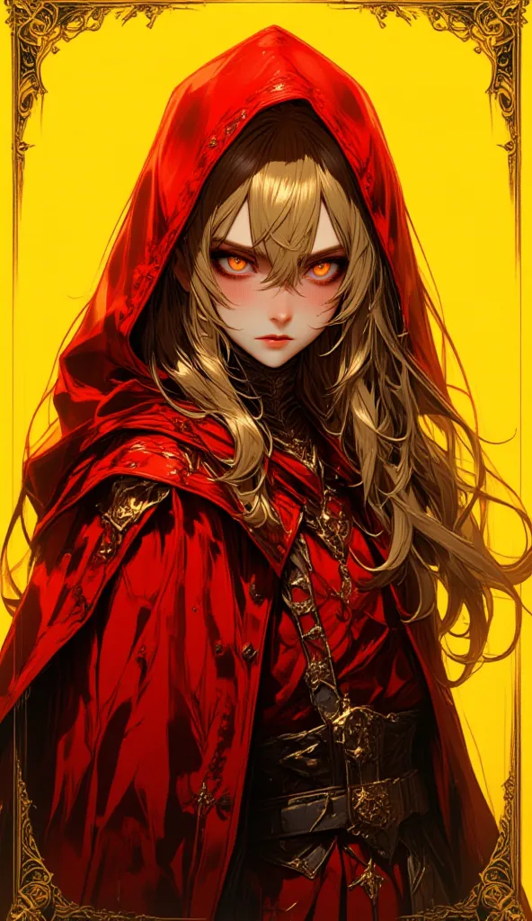 (masterpiece), Young vampire, long blonde hair, detailed eyes, orange eyes, detailed hair, makeup, blush,  with a red robe that covers the face, cowboy shot,  (the best quality:1.4), (ultra high resolution:1.2), vibrant colors,  dynamic posture ,  dark fan...