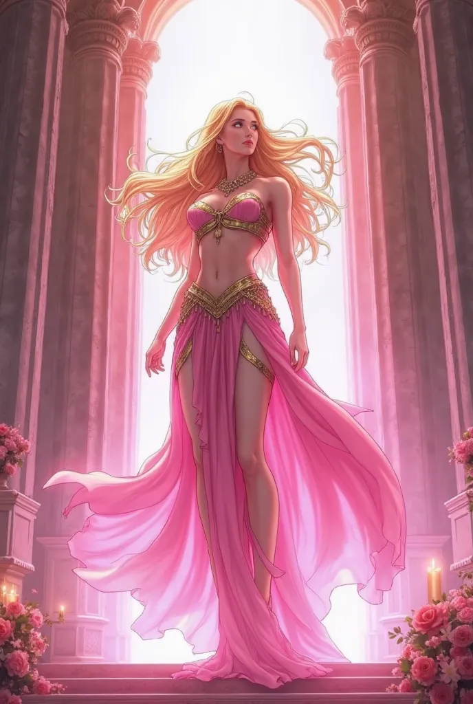 Create the Goddess Aphrodite in an imposing pose, surrounded by a bright pink aura. She stands with a majestic and confident posture, arms slightly raised and a commanding gaze. Her long golden hair flows in the wind, and she wears elegant armor in shades ...