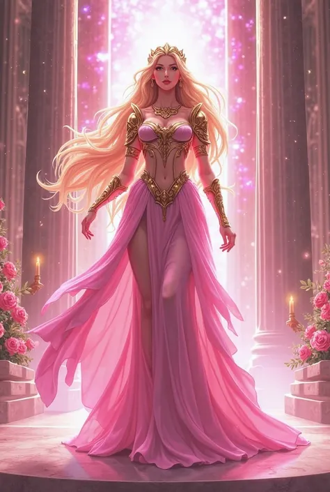 Create the Goddess Aphrodite in an imposing pose, surrounded by a bright pink aura. She stands with a majestic and confident posture, arms slightly raised and a commanding gaze. Her long golden hair flows in the wind, and she wears elegant armor in shades ...