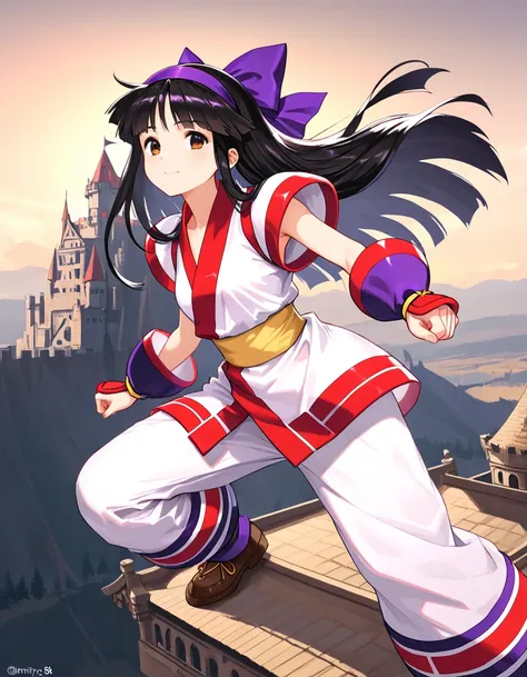 (​masterpiece, top-quality, hight resolution, Unity 8k, extremely details CG:1, Best Picture), 1girl, nakoruru, Shinkiro style, on the castle, purple nakoruru, purple ribbon, darks skin