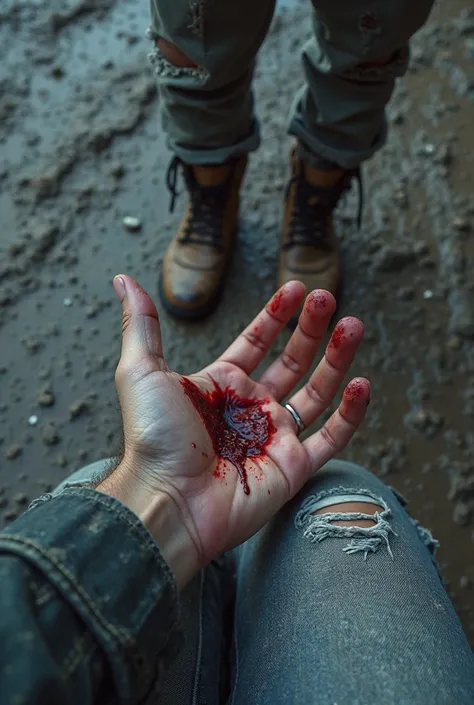 **Prompt for hyper-realistic image (POV — Bite on the Hand)**  

"A hyper-realistic first-person image, showing a person looking at their own wounded hand. The skin around the bite is torn, with fresh blood oozing and dry spots around the wound. The finger...