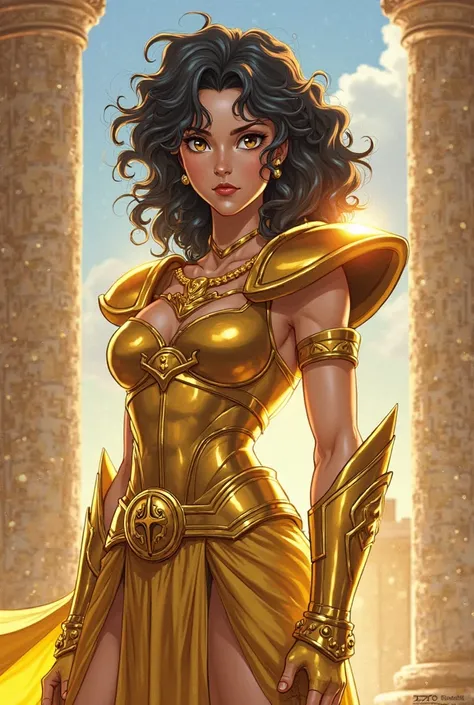 Create a 2 woman, Wearing the golden armor of Aries. She has curly black hair that falls to her shoulders., framing his face with a serious and confident expression. The golden armor covers his entire body in an elegant and imposing manner., reflecting the...