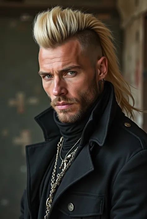 Tattood male model blond long mohawk that ends at the top oof the head ,longer in front near the forhead and shorter back you go(no tails in the back, back and sides are shaved) mohawk is not up , is comed on one side covering one ear(it is not a picture f...