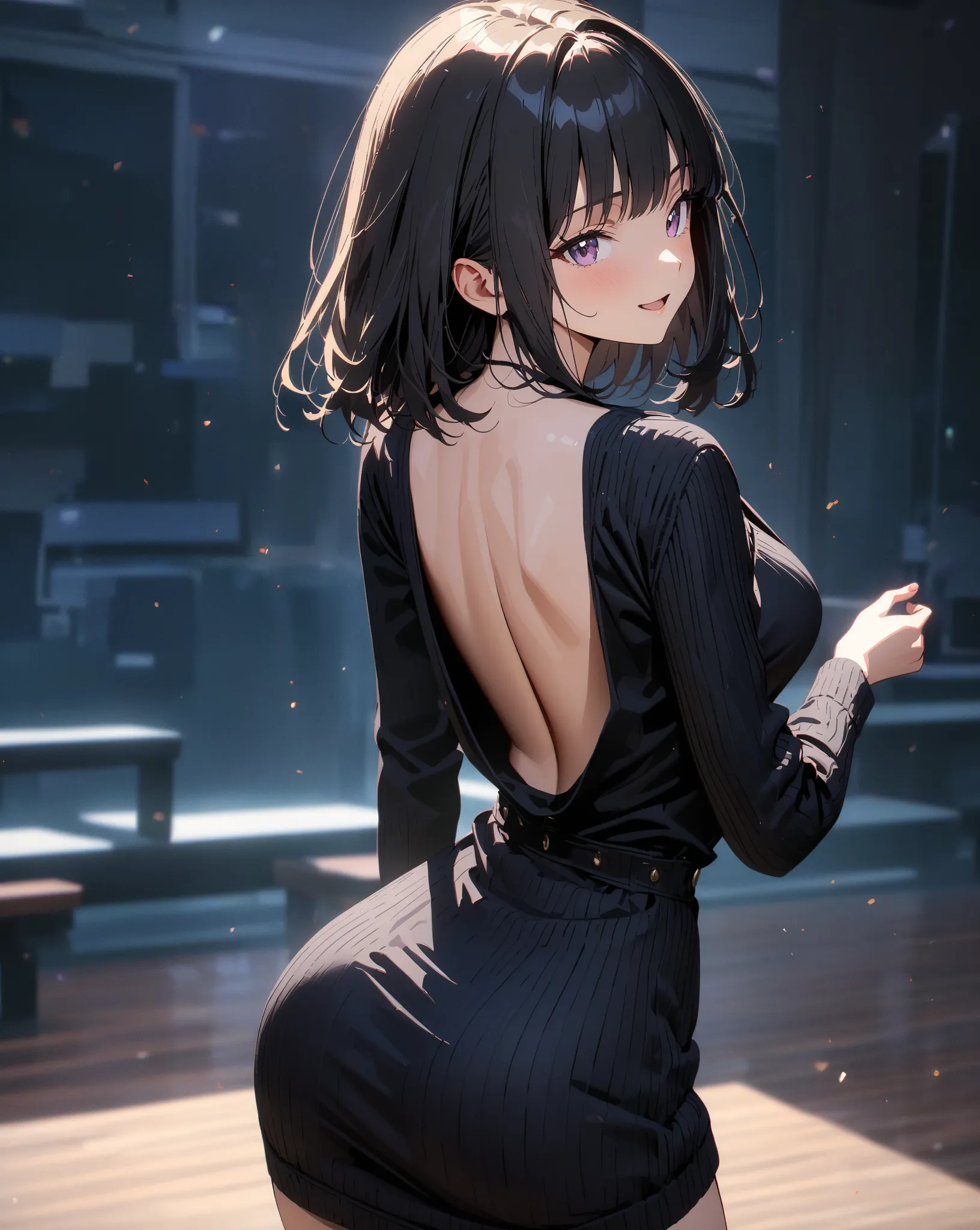 top quality, high detail, high resolution, masterpiece, 8K, one girl, solo, medium large breasts, thin waist, beautiful girl, anime style, black sweater dress, cowboy shot,hime_cut, ((wink)), (back view))