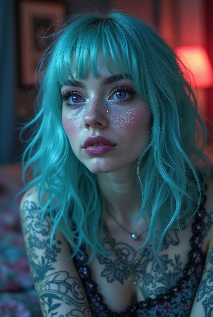 Gorgeous gothic female with mint blue hair in straight hairstyle, purple eyes, stunning light skin, glitter makeup,,tattoos,black  stiletto nails,nose ring, belly piercing, wearing pajamas watching a disney movie big hero 6 