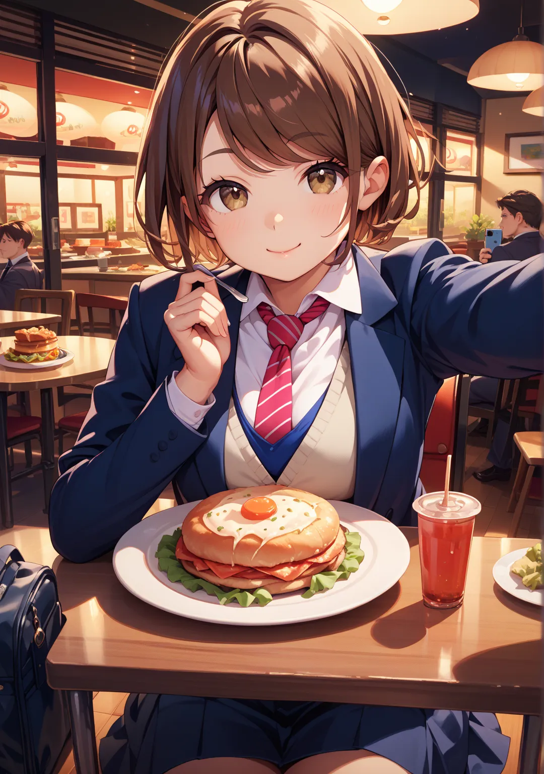 Selfie,one girl, suit, skirt,night,short hair,brown hair, brown eyes, swept bangs,bag, Selfies,restaurant,fat uncle, tie, dinner,cheers,sit,隣にfat uncle