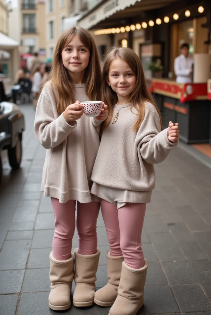 Deux jolies filles slovaques,  semblent avoir 11 ans , avec des visages de princesse mignons, corps extrêmement minces et maigres, beaux sourires heureux, photo ultra réaliste, cheveux très longs, portant des justaucorps moulants  avec des découpes au nive...