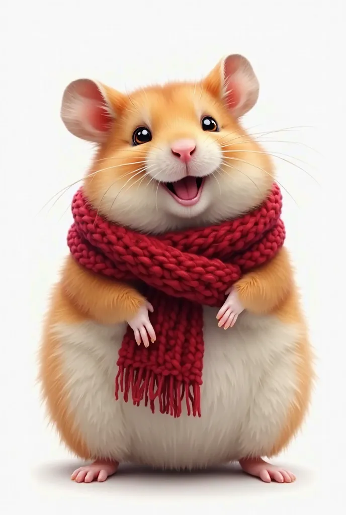 Create a photorealistic image of a cute, plump hamster with smooth, uniform fur without any spots. Red scarf: Blood Red Color (Hex #780606), Thick, wool-like texture, pattern-free design, Neatly trimmed fringe at the edges, Wrapped snugly around the neck w...