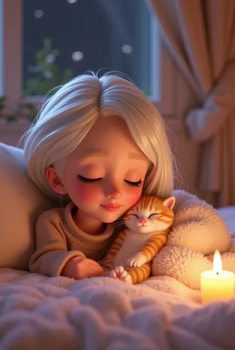 Style pixar. Chef d'œuvre realisme 3D. Une scène cinématographiques mettant en scène une belle femme aux cheveux blancs courts ondulés rondelette avec son chat endormi aux yeux fermés, mettant en valeur sa fourrure duveteuse, moustaches proéminentes, et pa...