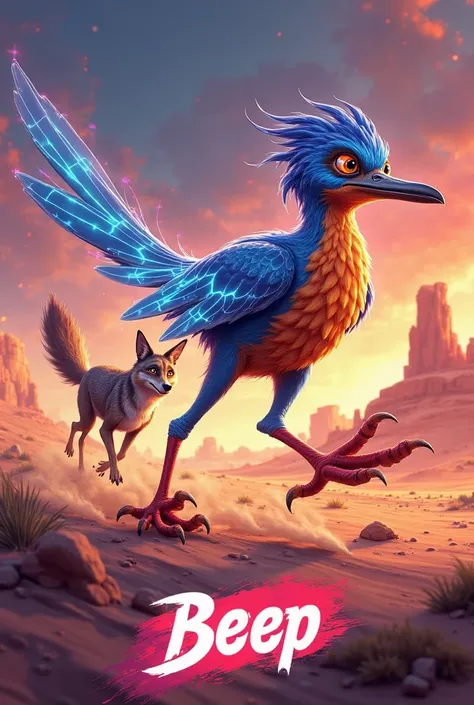 A vibrant and futuristic digital illustration of a fast Road Runner style bird with electrical details on its body, representing extreme speed.  Behind it , a confused coyote tries to reach it, but only leaves a cloud of dust in its wake. The background is...