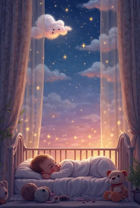 Prompt:
"A peaceful night sky painted in soft purples, blues, and pinks, with tiny twinkling stars scattered across the horizon. A fluffy white cloud with a sleepy, gentle smile drifts slowly across the sky, glowing faintly in the moonlight. Below, a cozy ...