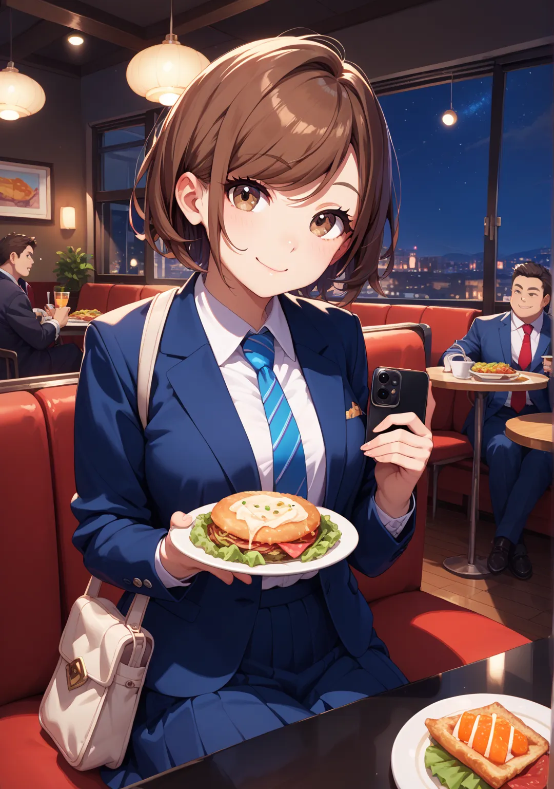 fat uncle,Selfie,one girl, suit, skirt,night,short hair,brown hair, brown eyes, swept bangs,bag, Selfies,restaurant,fat uncle, tie, dinner,cheers,sit,隣にfat uncle