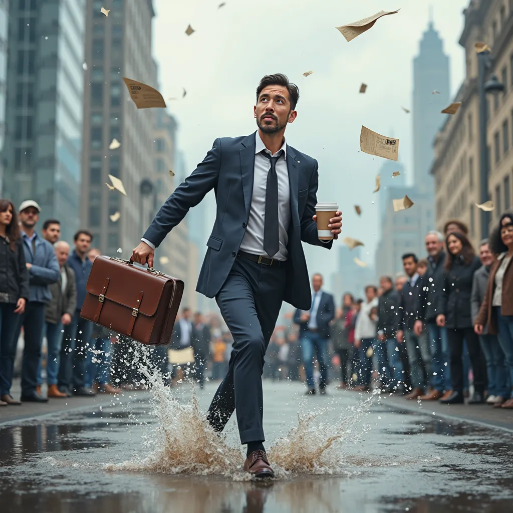 A man in a business suit stepping onto what looks like a solid pavement, only to find it’s actually a puddle, splashing water everywhere. He holds a briefcase and a coffee cup, which is mid-spill, while a gust of wind flips his documents into the air. His ...