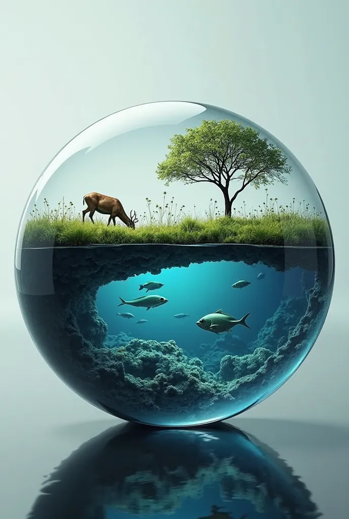 transparent Glass ball. upper half of the ball should grass Land and deer eating grass near to a tree. down half should be deep sea and fishes swimming in the deep sea. image should super realistic