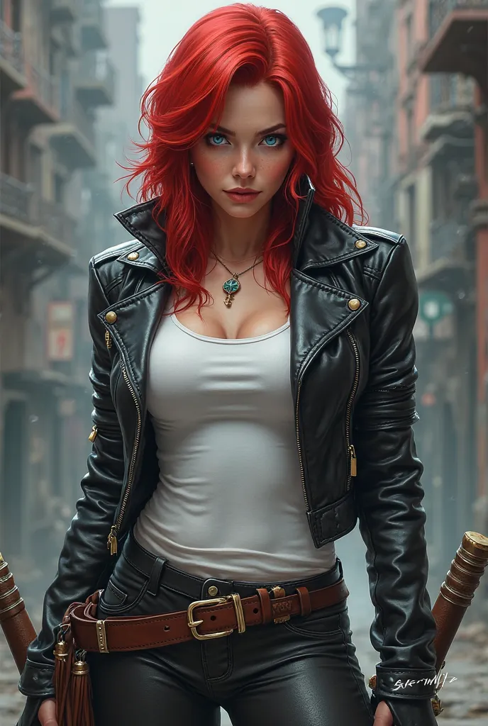  character from League of Legends. woman with red hair , light blue eyes, He wears a tight leather jacket and a tight white t-shirt and carries a sword 