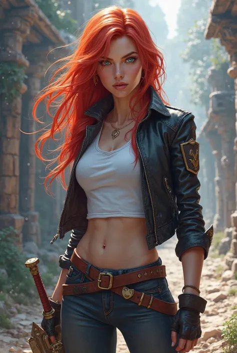  character from League of Legends. woman with red hair , light blue eyes, He wears a tight leather jacket and a tight white t-shirt and carries a sword 