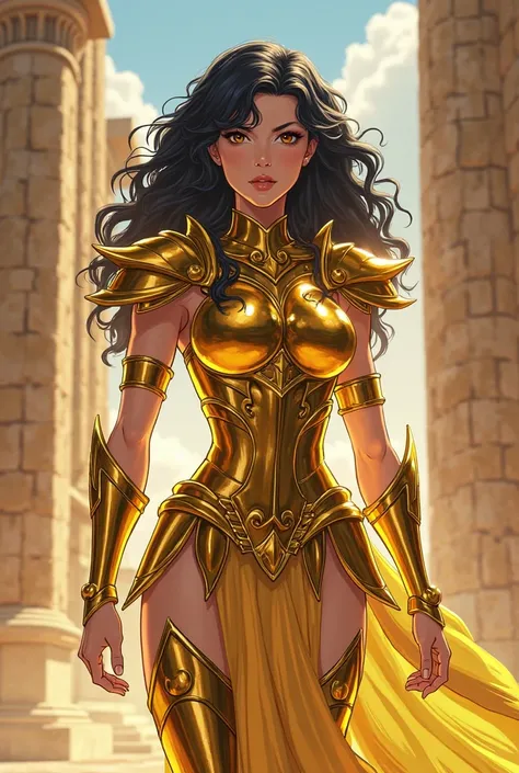 Create a 2 woman, Wearing the golden armor of Aries. She has curly black hair that falls to her shoulders., framing his face with a serious and confident expression. The golden armor covers his entire body in an elegant and imposing manner., reflecting the...